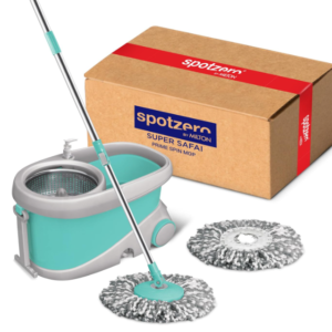 Spotzero by Milton Prime Stainless Steel Wringer Spin Mop with Big Wheel, Puller Handle, Bucket Floor Cleaning and Mopping System 360° Flexible,2 Microfiber Refills, Big Size, Aqua Green
